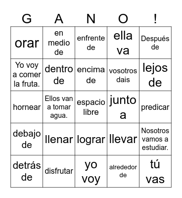 Spanish 1 - Vocab 4B Bingo Card