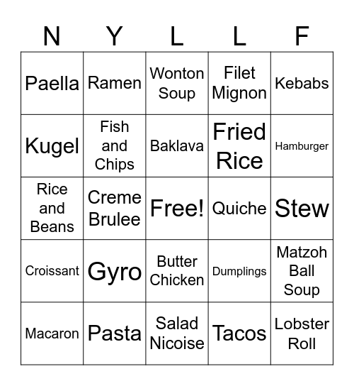 INTERNATIONAL FOOD Bingo Card