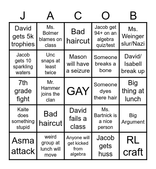 Jacob! Bingo Card