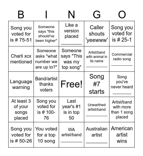 Triple J Hottest 100 Bingo Card