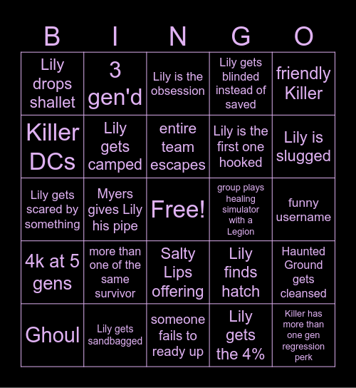 LILY'S DBD SURVIVOR BINGO Card