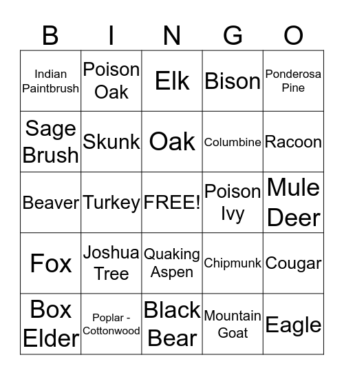 Utah Wildlife and Plants Bingo Card