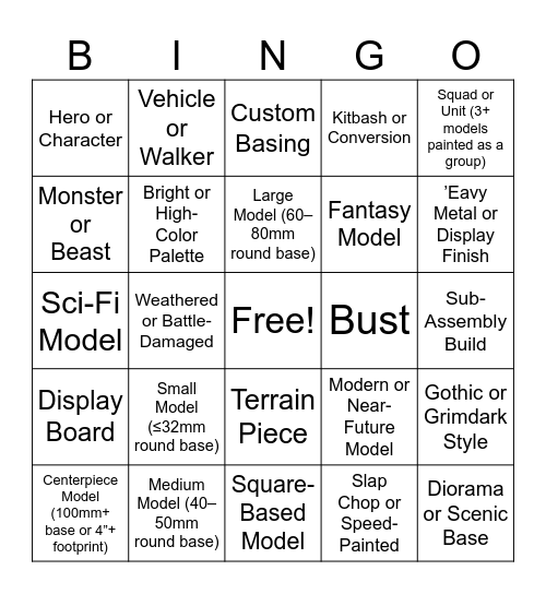 Mini Painting Bingo Card