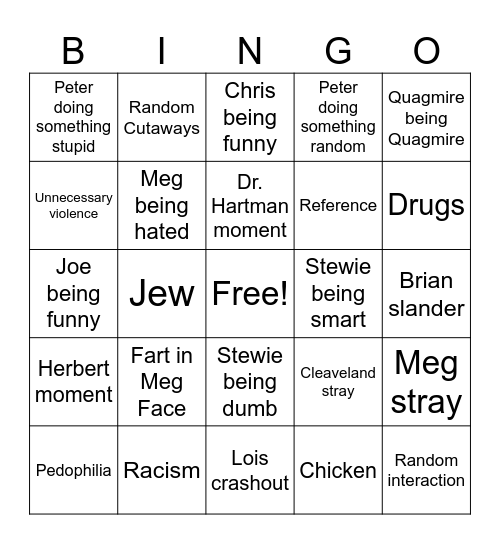 Family Guy Bingo Card