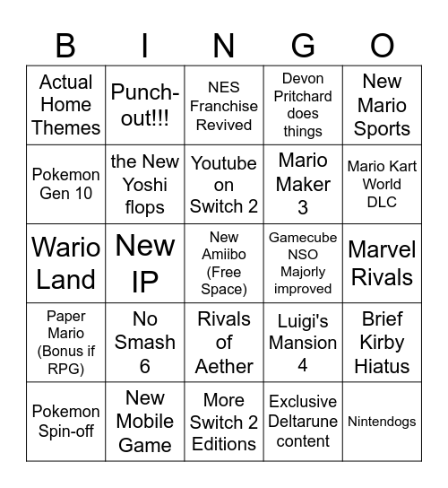 Nintendo 2026 PredictionsN Bingo Card Bingo Card