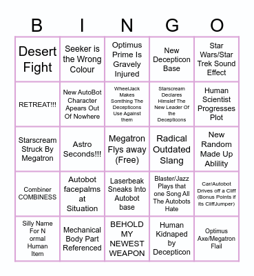 Transformers Drink 1 Bingo Card