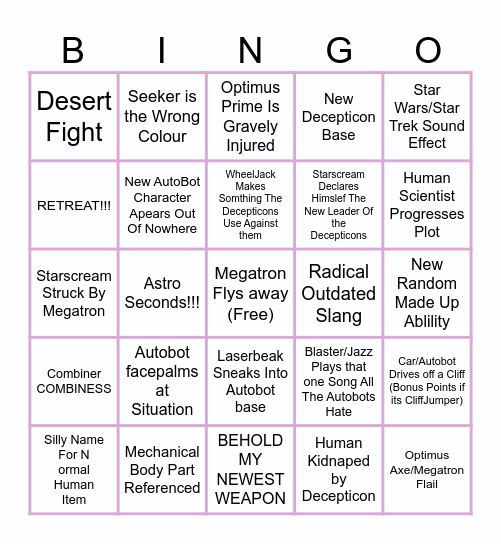 Transformers Drink 1 Bingo Card