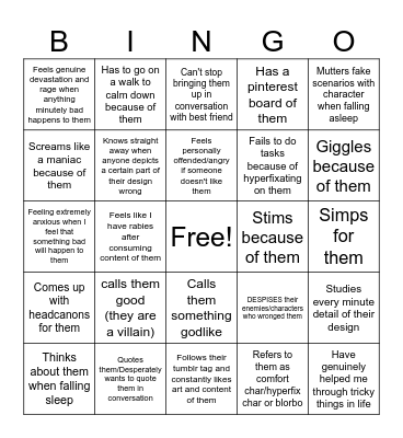 POV I love a character Bingo (AuDHD Edition) Bingo Card