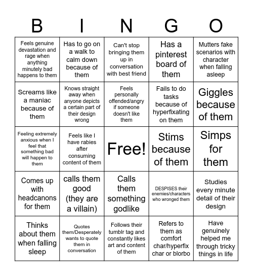 POV I love a character Bingo (AuDHD Edition) Bingo Card
