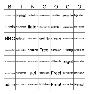 woorden ronde bingo maar niet bingo want bingo is = dood Bingo Card