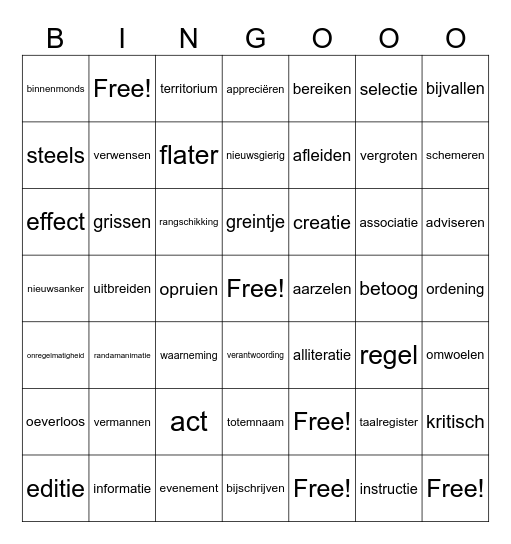 woorden ronde bingo maar niet bingo want bingo is = dood Bingo Card