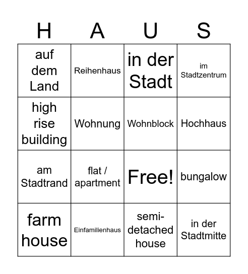 In was für einem Haus wohnst du? Bingo Card