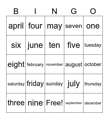 days and month Bingo Card