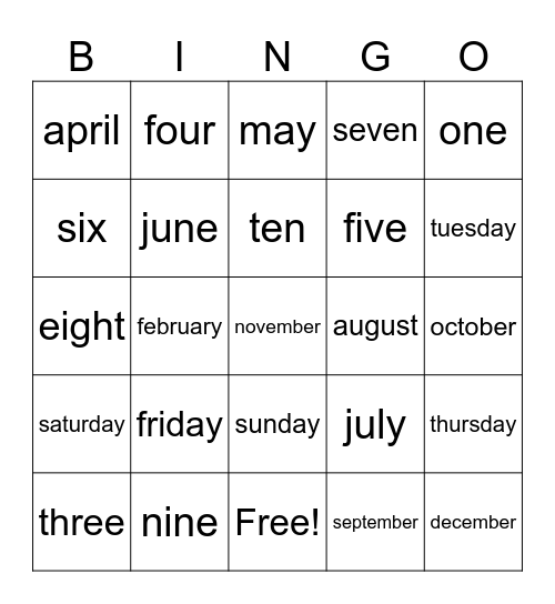 days and month Bingo Card
