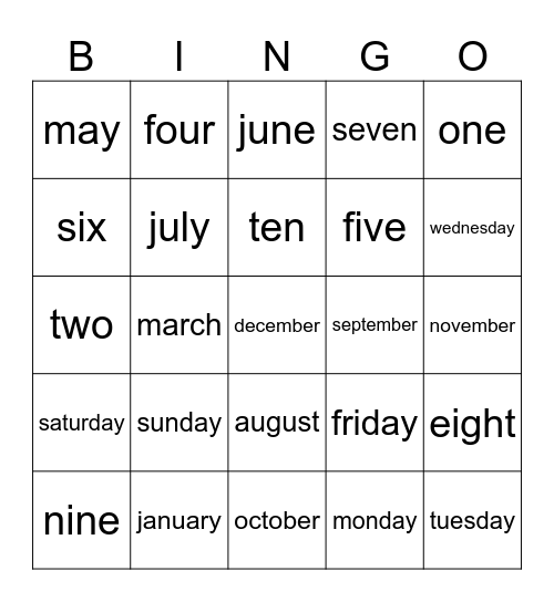 days and month Bingo Card