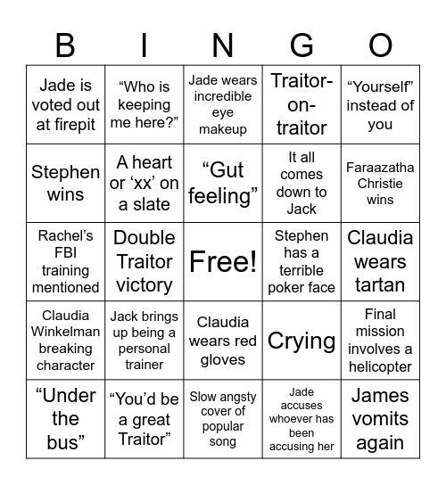 Traitors Bingo Card
