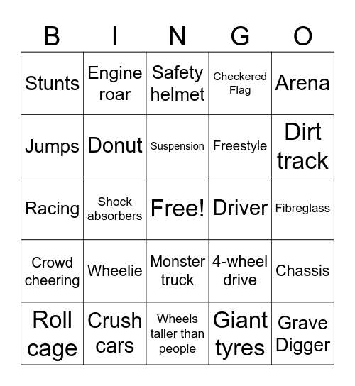 Monster Truck Bingo Card
