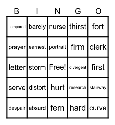R-Controlled Words Bingo Card