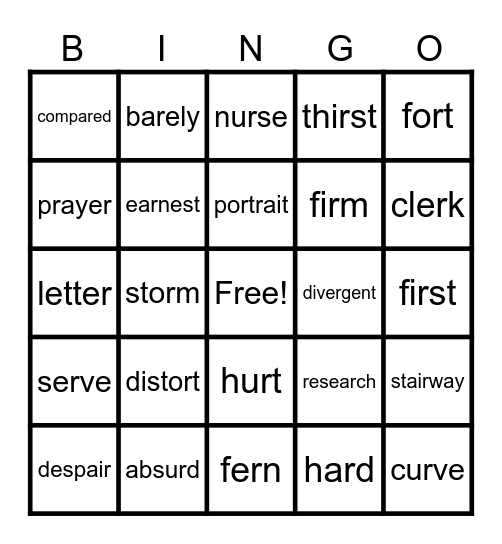 R-Controlled Words Bingo Card