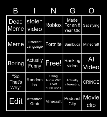 YouTube Shorts Bingo Card