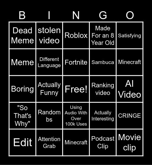 YouTube Shorts Bingo Card