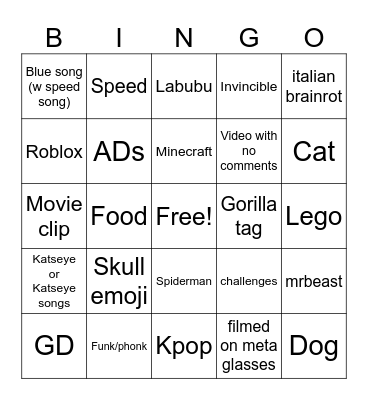 personal yt short bingo Card