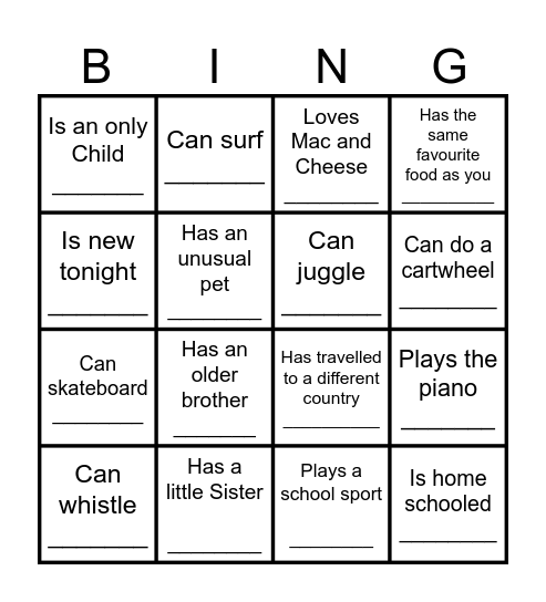 YOUTH HUMAN BINGO Card