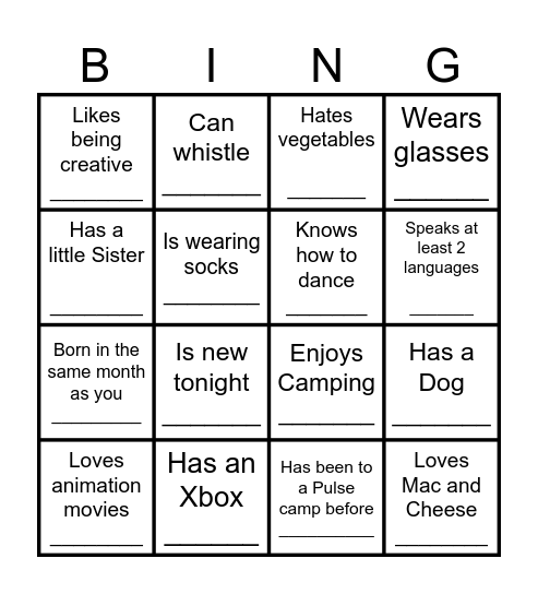 YOUTH HUMAN BINGO Card