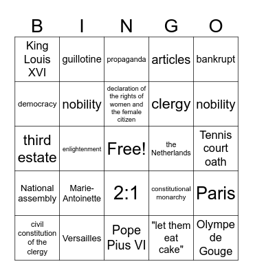 2M French Revolution Bingo Card