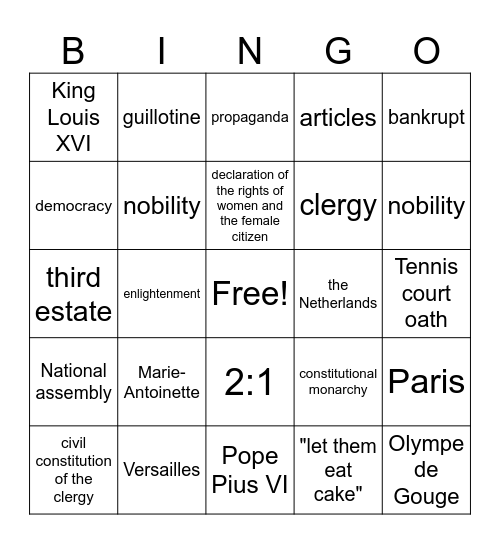 2M French Revolution Bingo Card