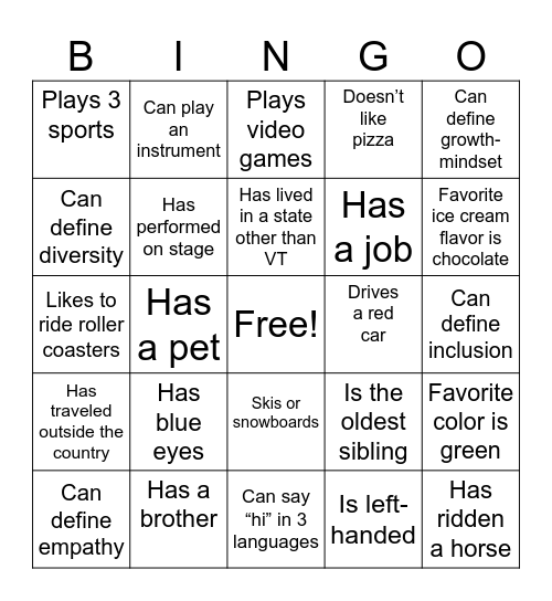 Get to know you BINGO Card