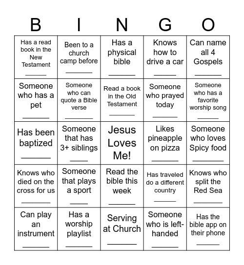 Hope IC Youth Bingo Card