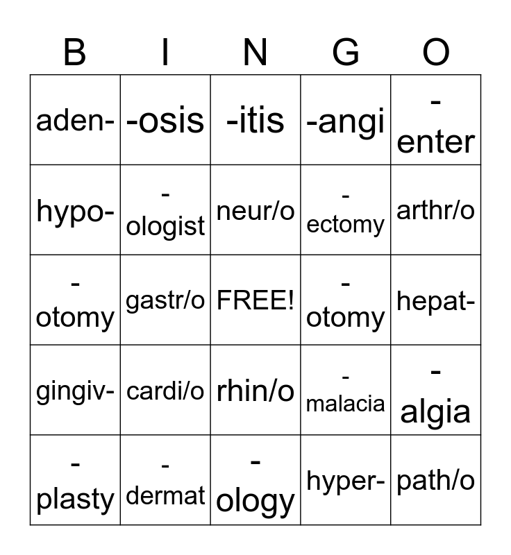 Med Term Bingo Card
