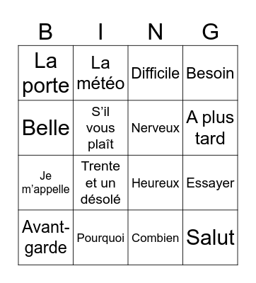 FRENCH CLUB Bingo Card