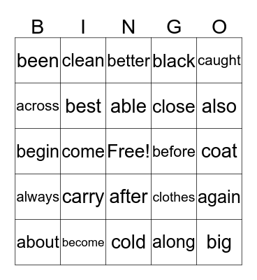 High Frequency Word Bingo Card