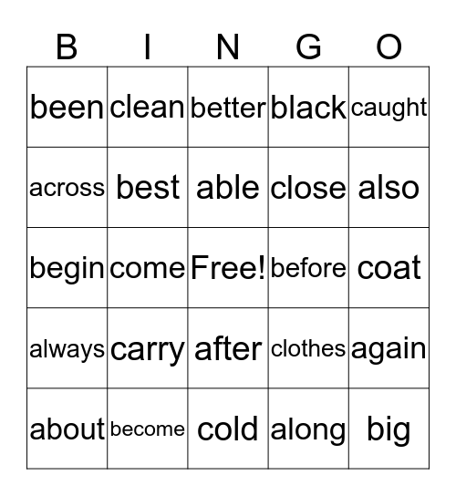 High Frequency Word Bingo Card