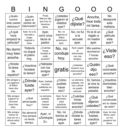 EL PRETÉRITO Bingo Card