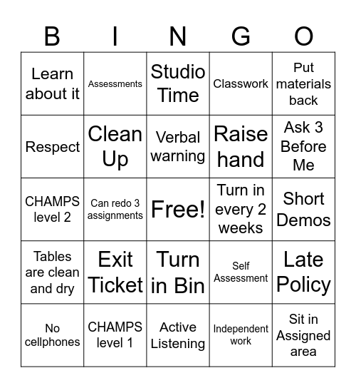 Classroom Expectations Bingo Card