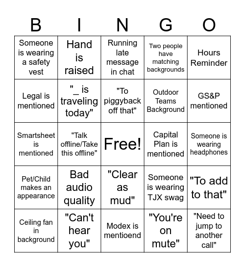 Friday Call Bingo Card