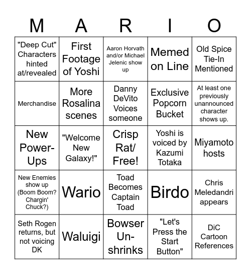 Super Mario Galaxy Movie Direct 2 Bingo Card
