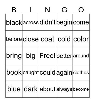 High Frequency Word Bingo Card
