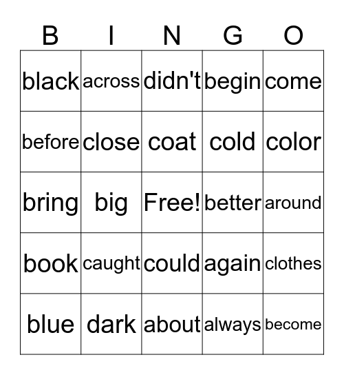 High Frequency Word Bingo Card