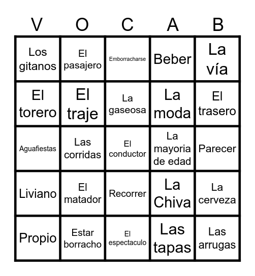 Loteria Vocab Bingo Card