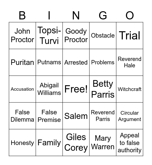 The Crucible- Fallacy Edition Bingo Card