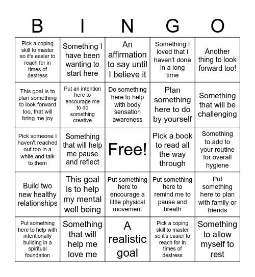 SMART GOALS FOR A NEW ME Bingo Card