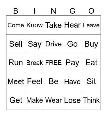 Past Tense Irregular Verbs Bingo Card