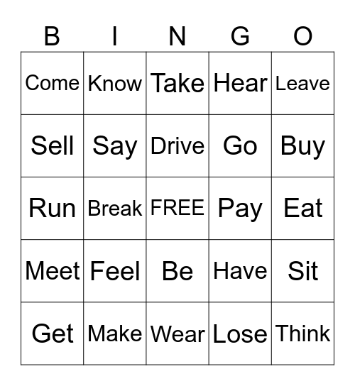 Past Tense Irregular Verbs Bingo Card