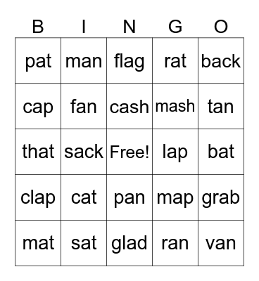 Short A Bingo Card