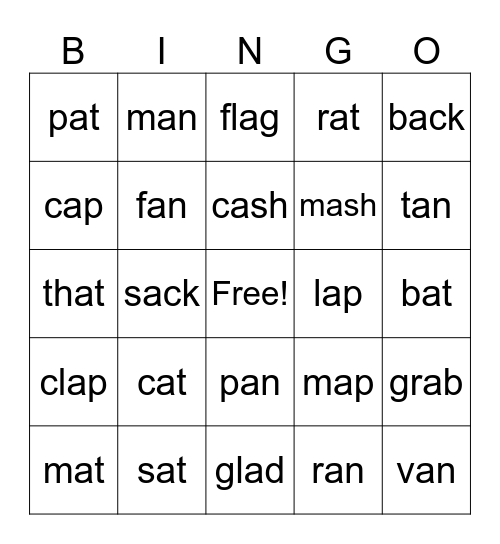 Short A Bingo Card