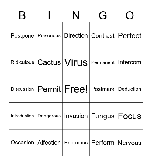 January Words Bingo Card